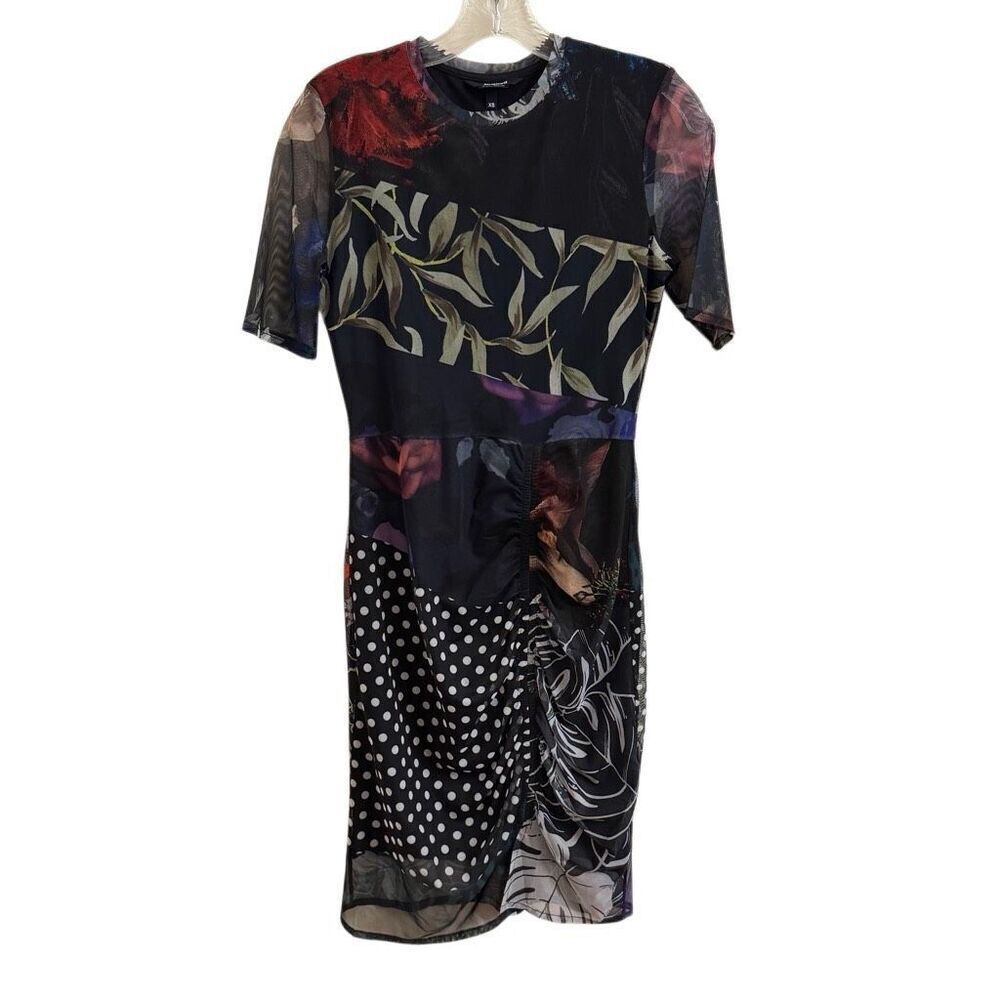 NEW Desigual Slim Midi Dress Black Mesh Overlay Floral Polka Dots Size XS